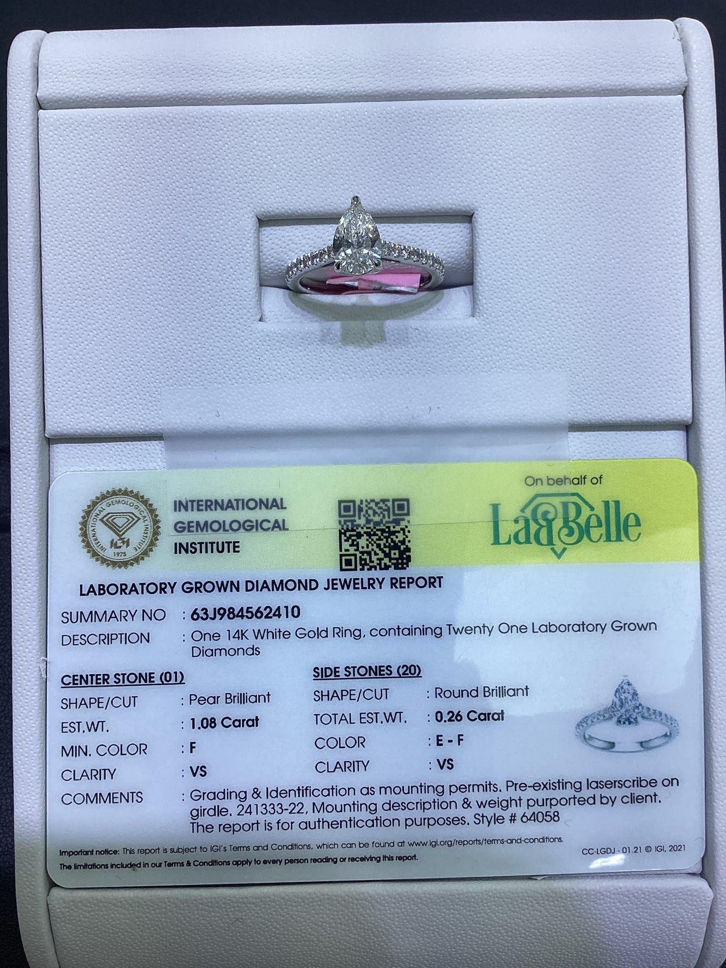 14kt White Gold 1.25 CTW Teardrop Lab Diamond Ring