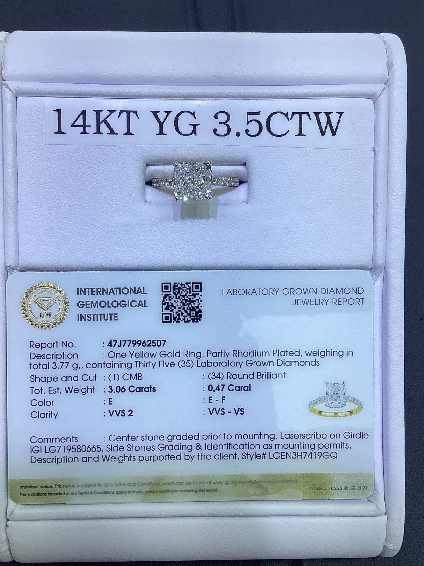 14kt Yellow Gold 3.53 CTW Cushion Cut Lab Diamond Ring