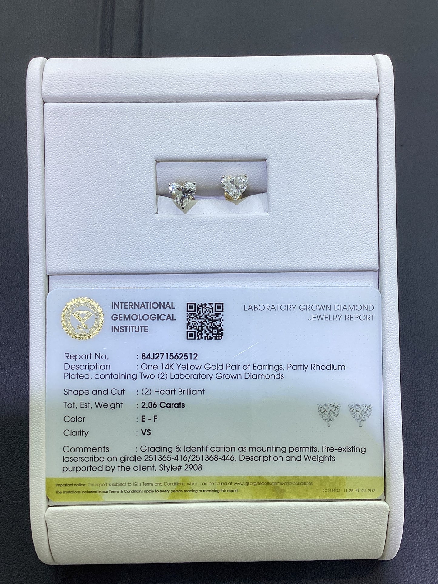 14kt Yellow Gold 2.06 CTW Heart Lab Diamond Earring