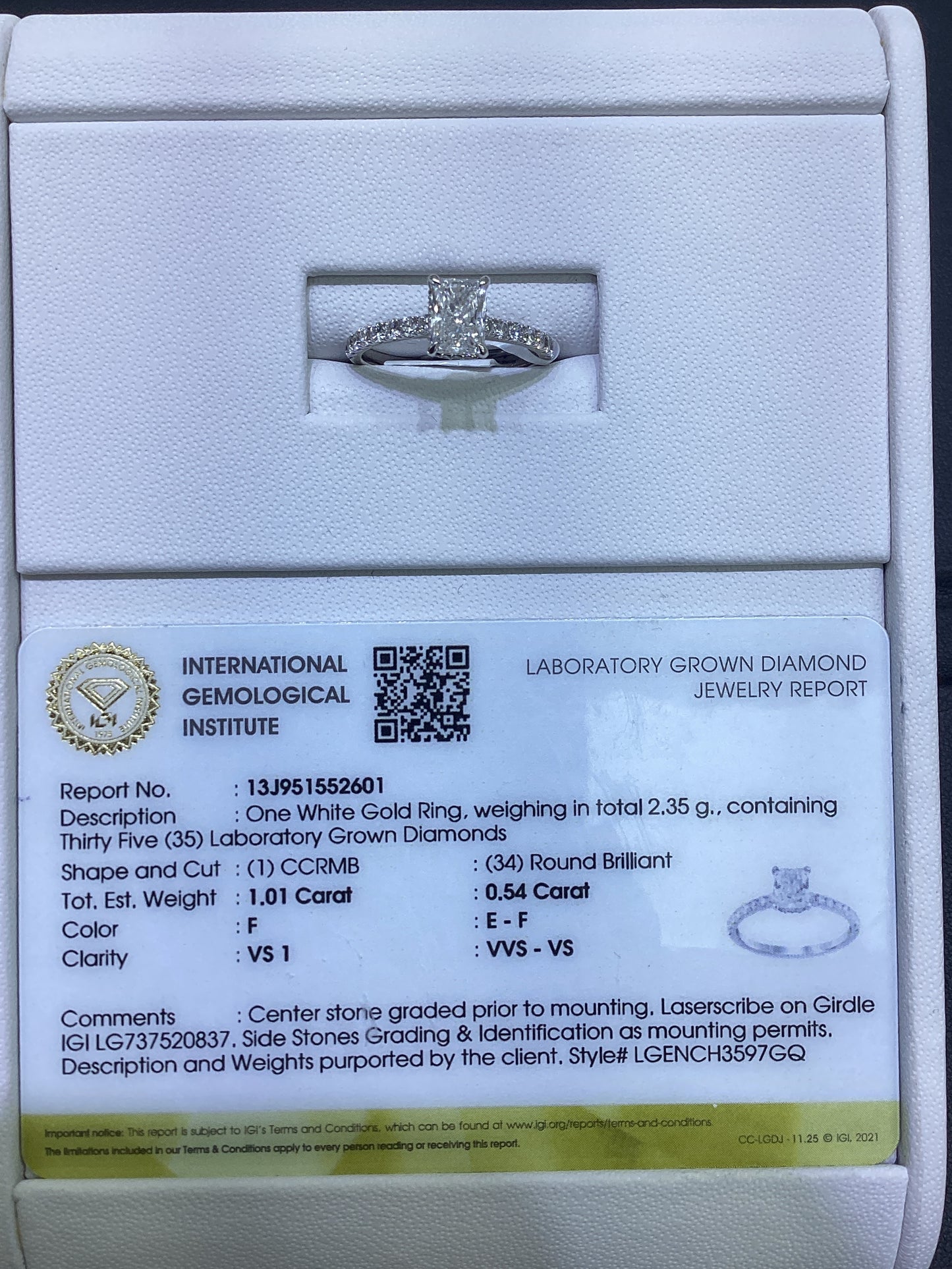 14kt White Gold 1.55 CTW Radiant Lab Diamond Ring