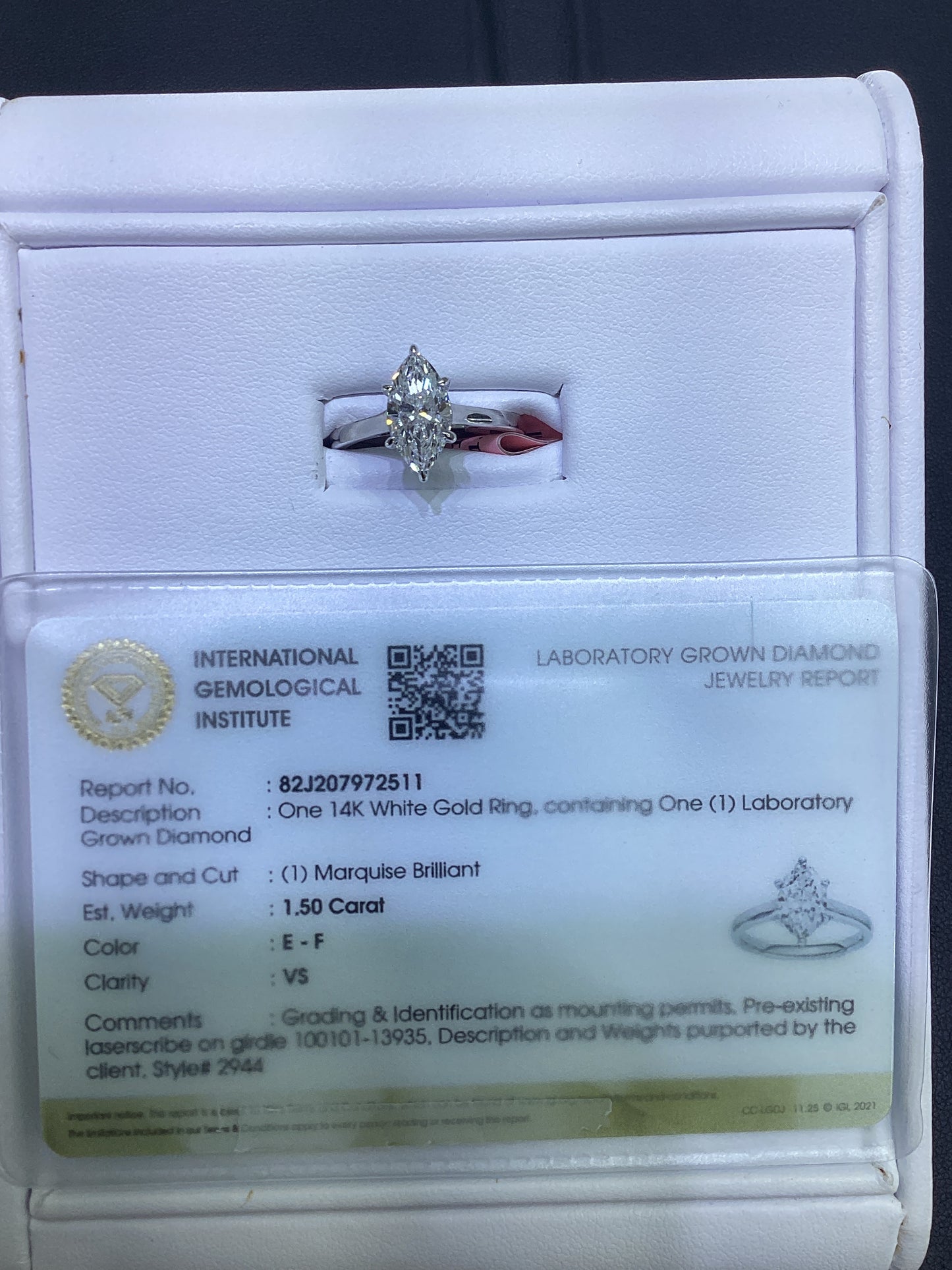14kt White Gold 1.50 CTW Marquise Lab Diamond Ring
