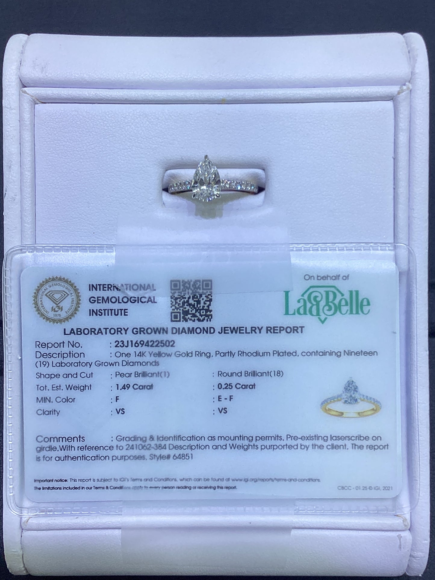 14kt Yellow Gold 1.75 CTW Teardrop Lab Diamond Ring