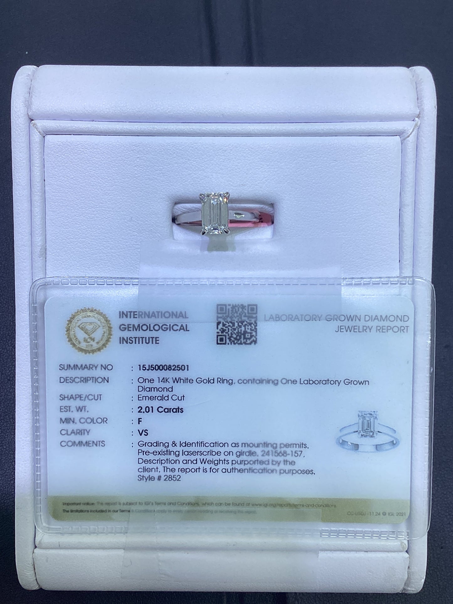 14kt White Gold 2.01 CTW Emerald Cut Lab Diamond Ring