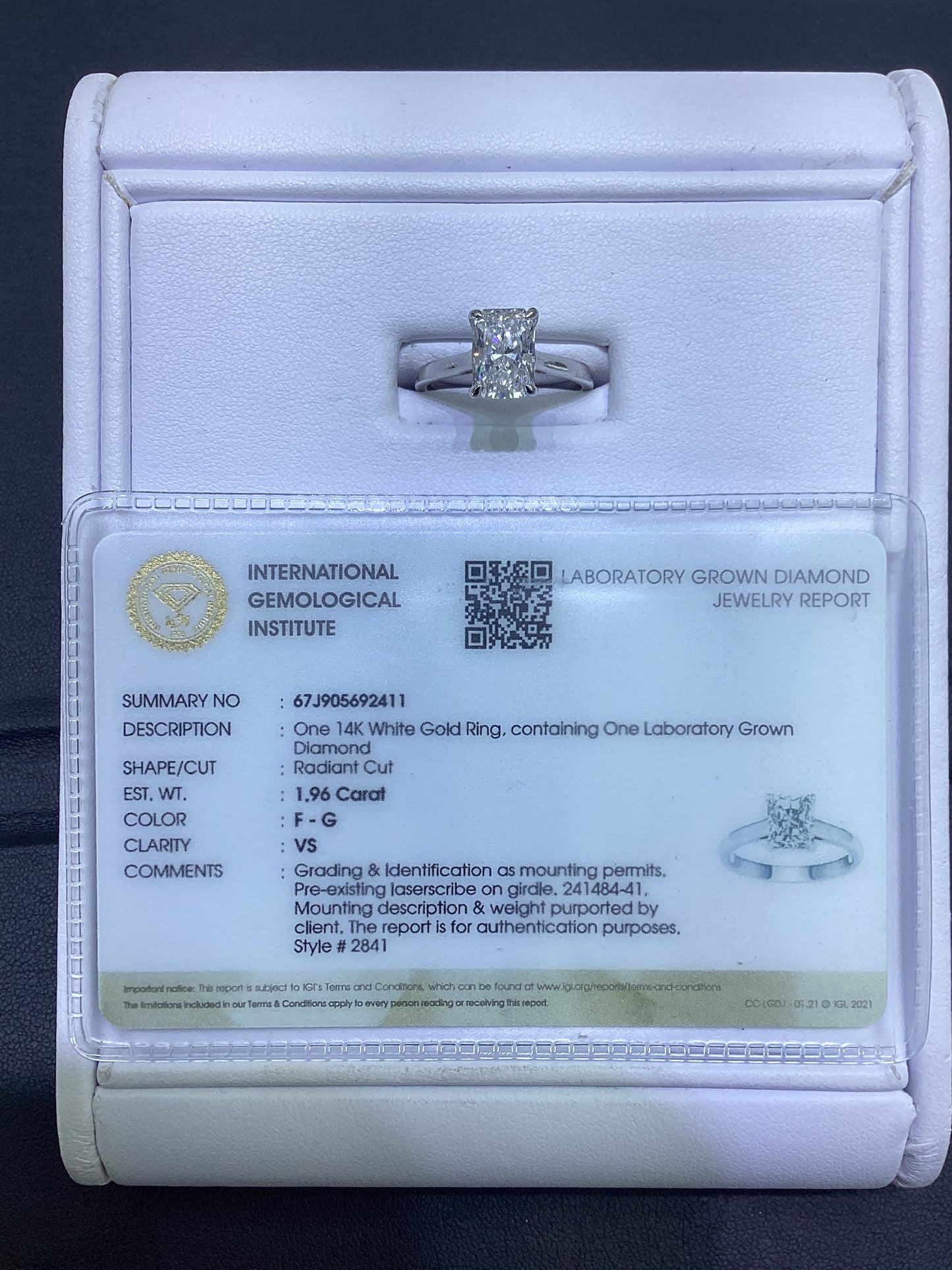 14kt White Gold 2.05 CTW Radiant Lab Diamond Ring