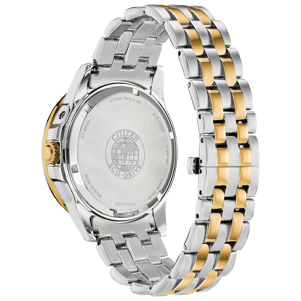 Men's Citizen Eco-Drive® Calendrier Chronograph Two-Tone Watch with Blue Dial (Model: BU0054-52L)
