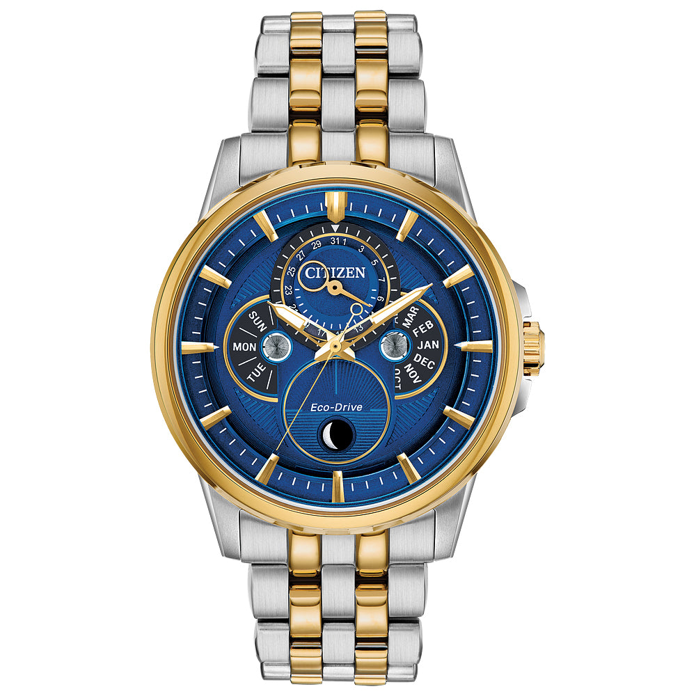 Men's Citizen Eco-Drive® Calendrier Chronograph Two-Tone Watch with Blue Dial (Model: BU0054-52L)
