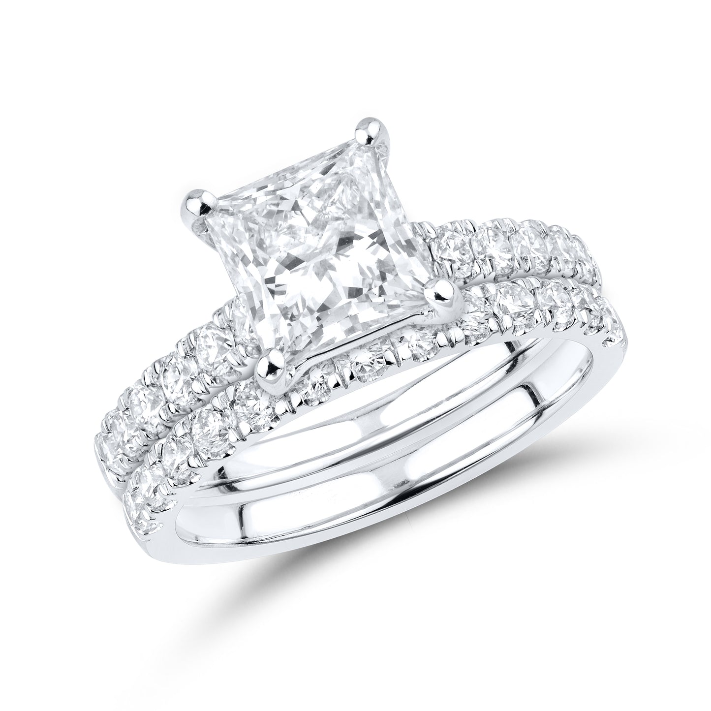 14kt White Gold 3 CTW Square Princess Lab Diamond Engagement Bridal Ring Set