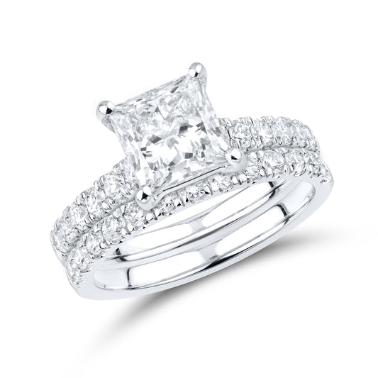 14kt White Gold 3 CTW Square Princess Lab Diamond Engagement Bridal Ring Set