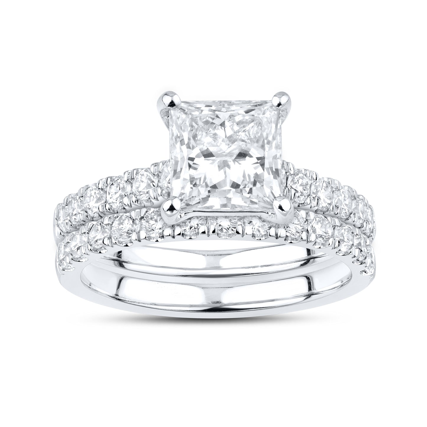 14kt White Gold 3 CTW Square Princess Lab Diamond Engagement Bridal Ring Set