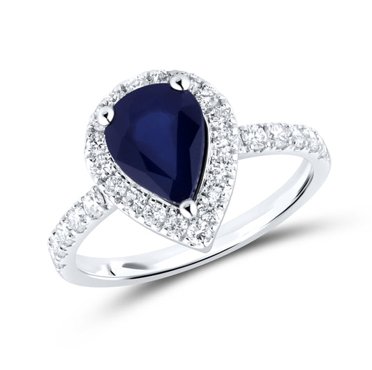 14kt White Gold 2.03 CTW Pear Shape Lab Diamond Ring With Blue Sapphire