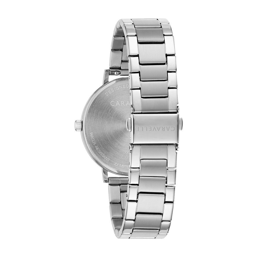 White dial accented with metallic blue hand watch