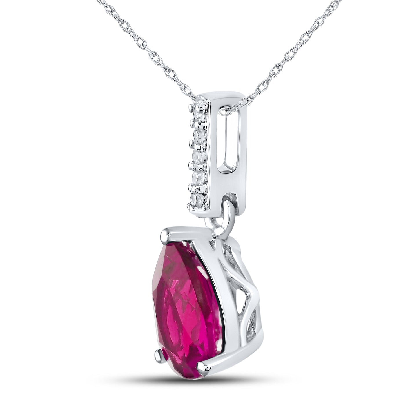 14KT WHITE GOLD LAB CREATED RUBY 0.03 CTW DIAMOND PENDANT