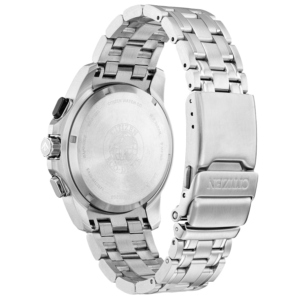 Citizen Promaster MX BL5578‑51E: 43 mm stainless steel bracelet watch with black dial and green/yellow accents