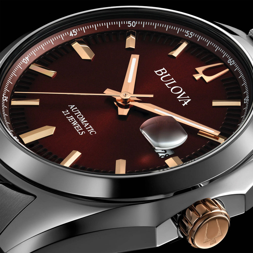 Bulova Surveyor Automatic Burgundy Dial Stainless Steel Watch 39mm - 98B422