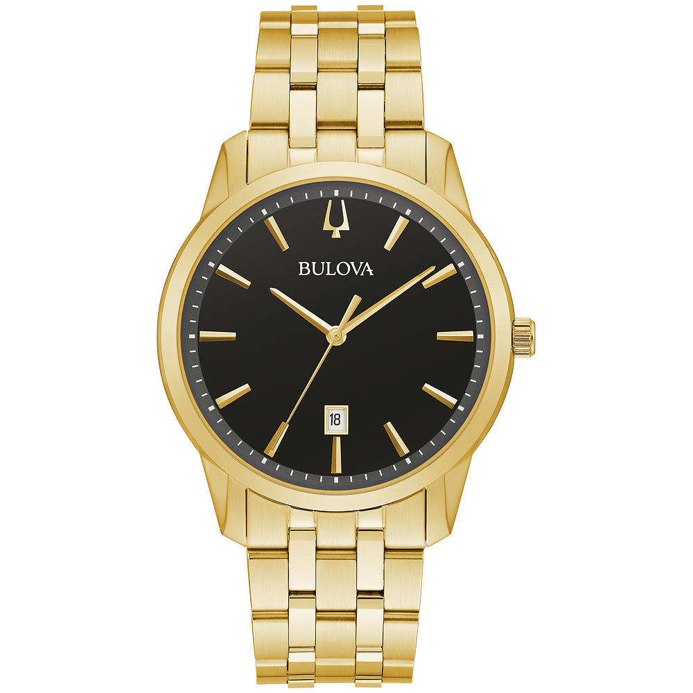 Gold-tone stainless steel case and bracelet with a black dial and gold-tone accents