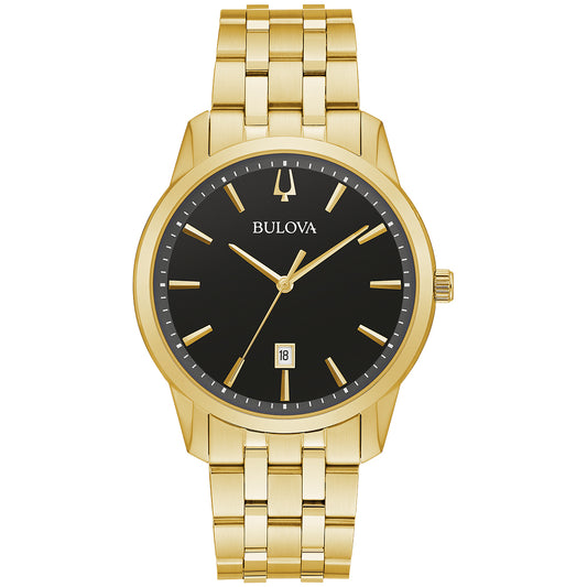 Gold-tone stainless steel case and bracelet with a black dial and gold-tone accents