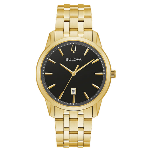 Gold-tone stainless steel case and bracelet with a black dial and gold-tone accents