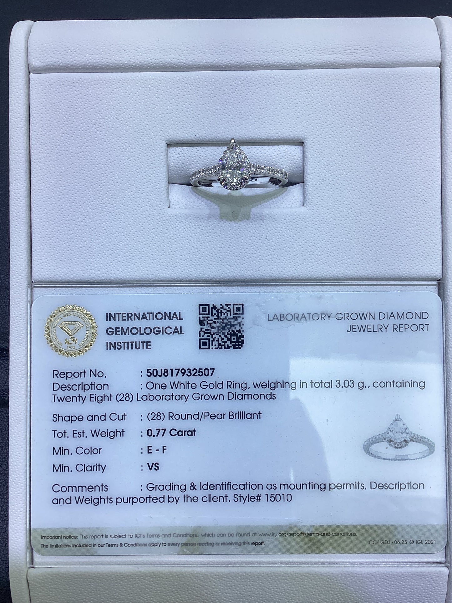 14kt White Gold 0.75 Teardrop CTW Lab Diamond Ring