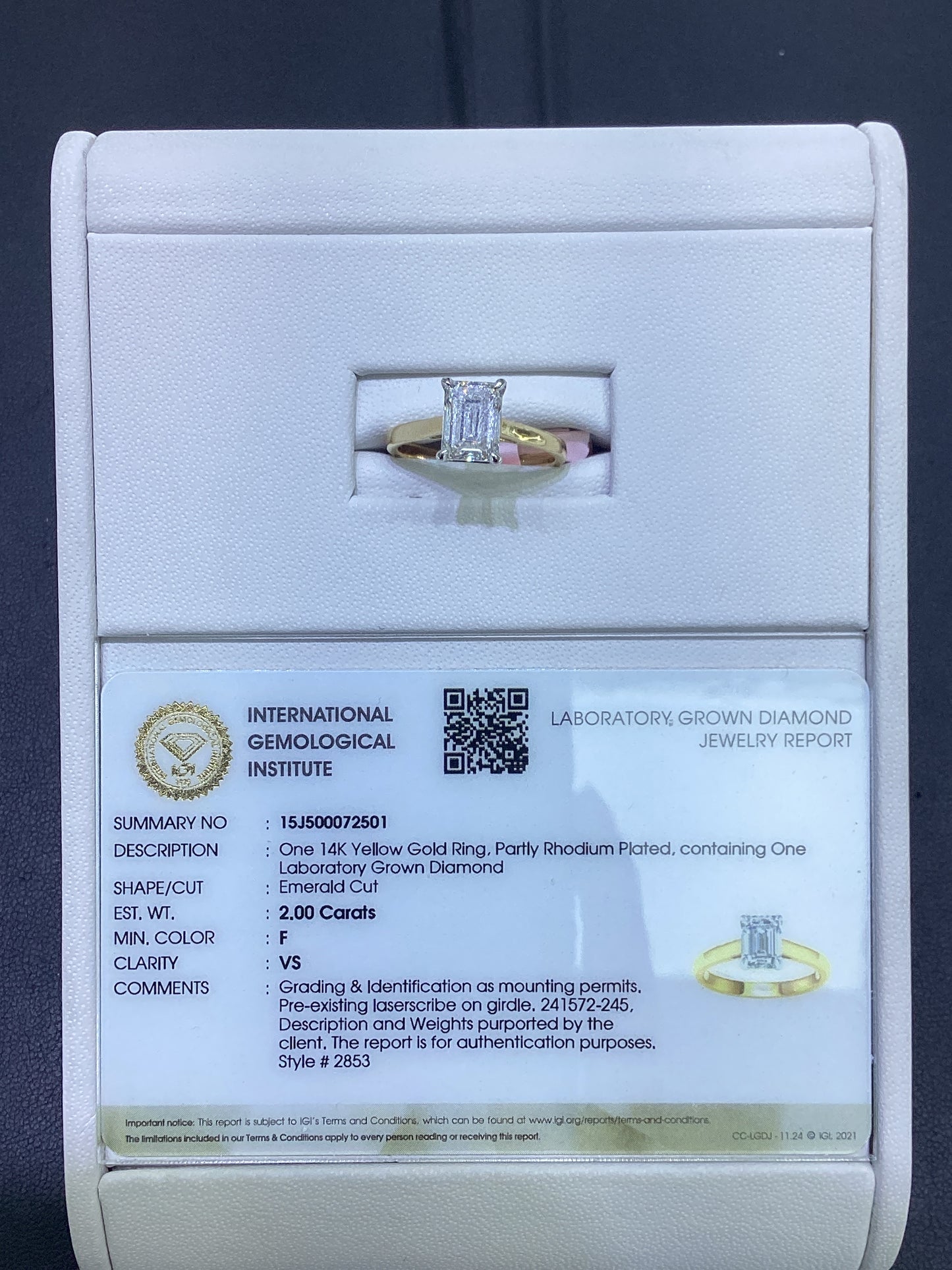 14kt Yellow Gold 2 CTW Emerald Cut Lab Diamond Ring