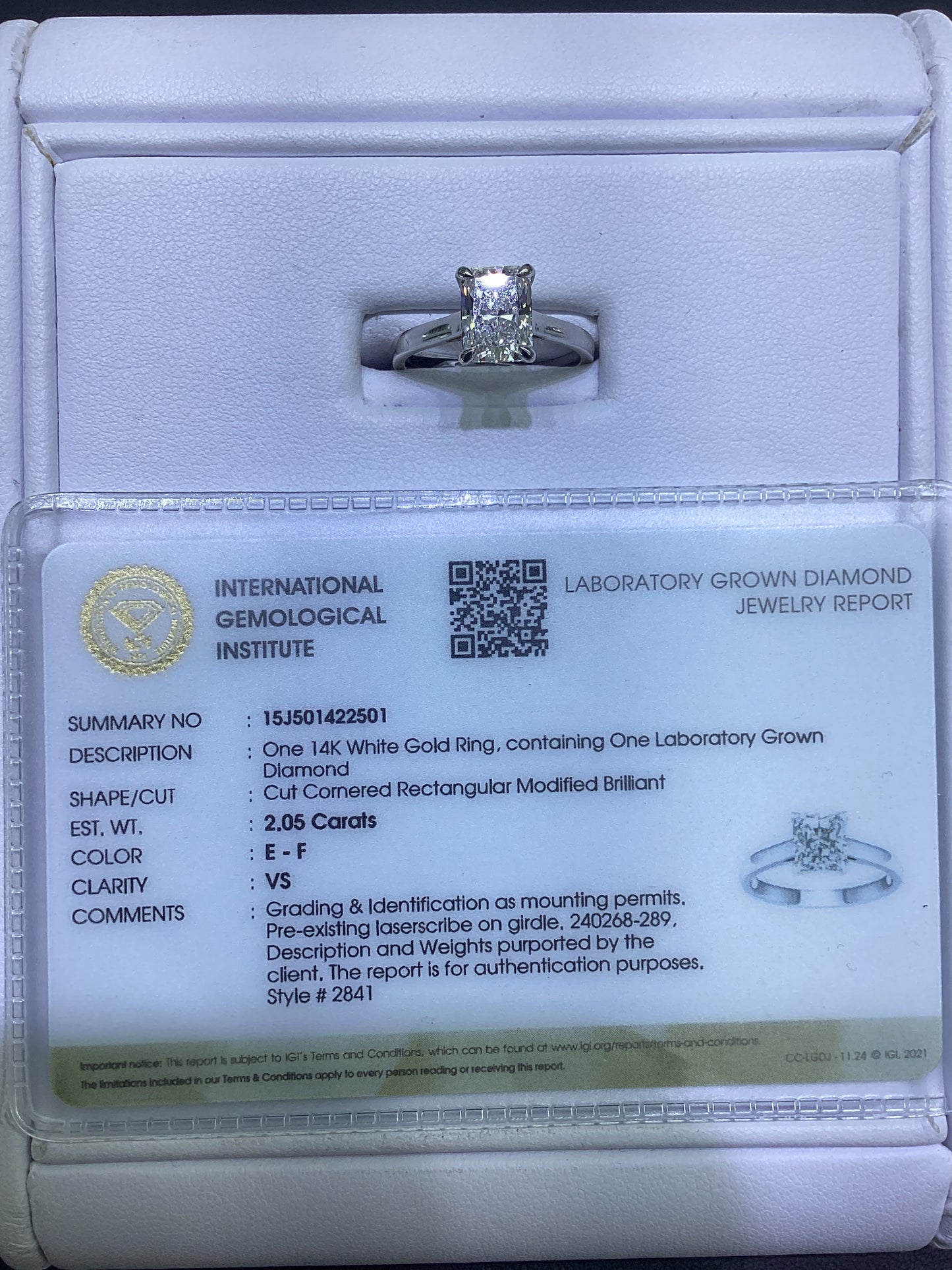 14kt White Gold 2.05 CTW Radiant Lab Diamond Ring