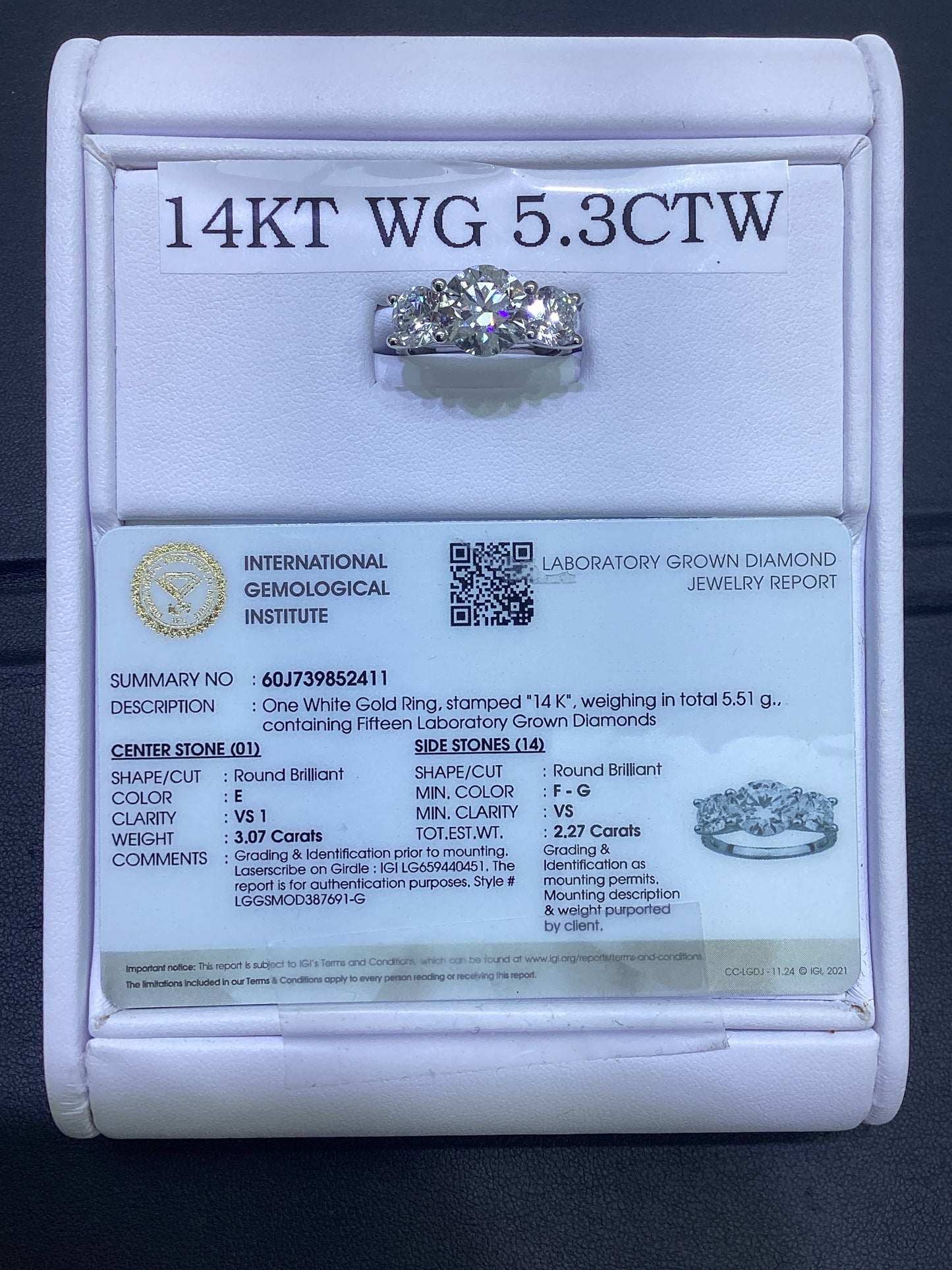 14kt White Gold 5.34 CTW Lab Diamond Ring