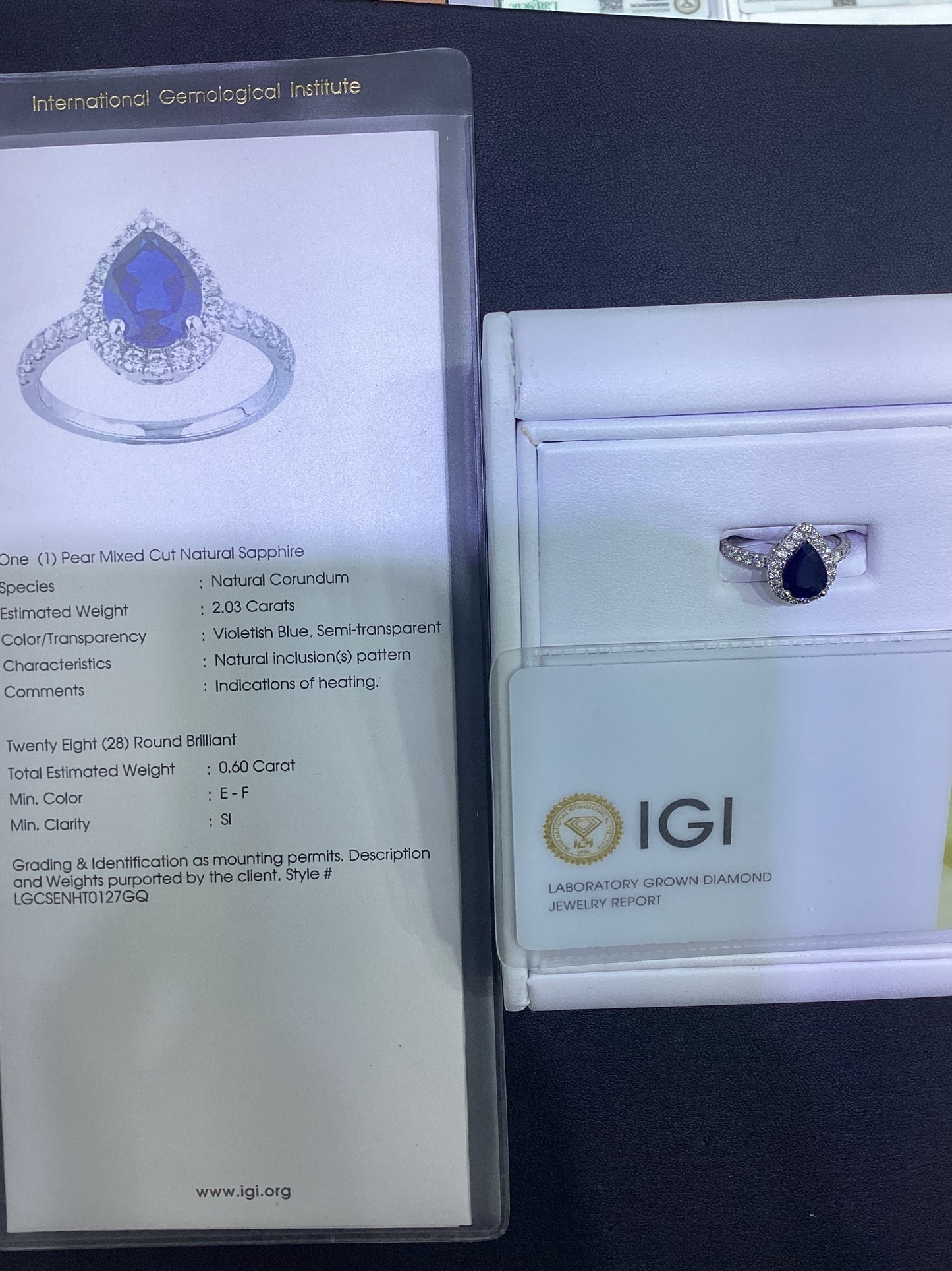 14kt White Gold 2.03 CTW Pear Shape Lab Diamond Ring With Blue Sapphire