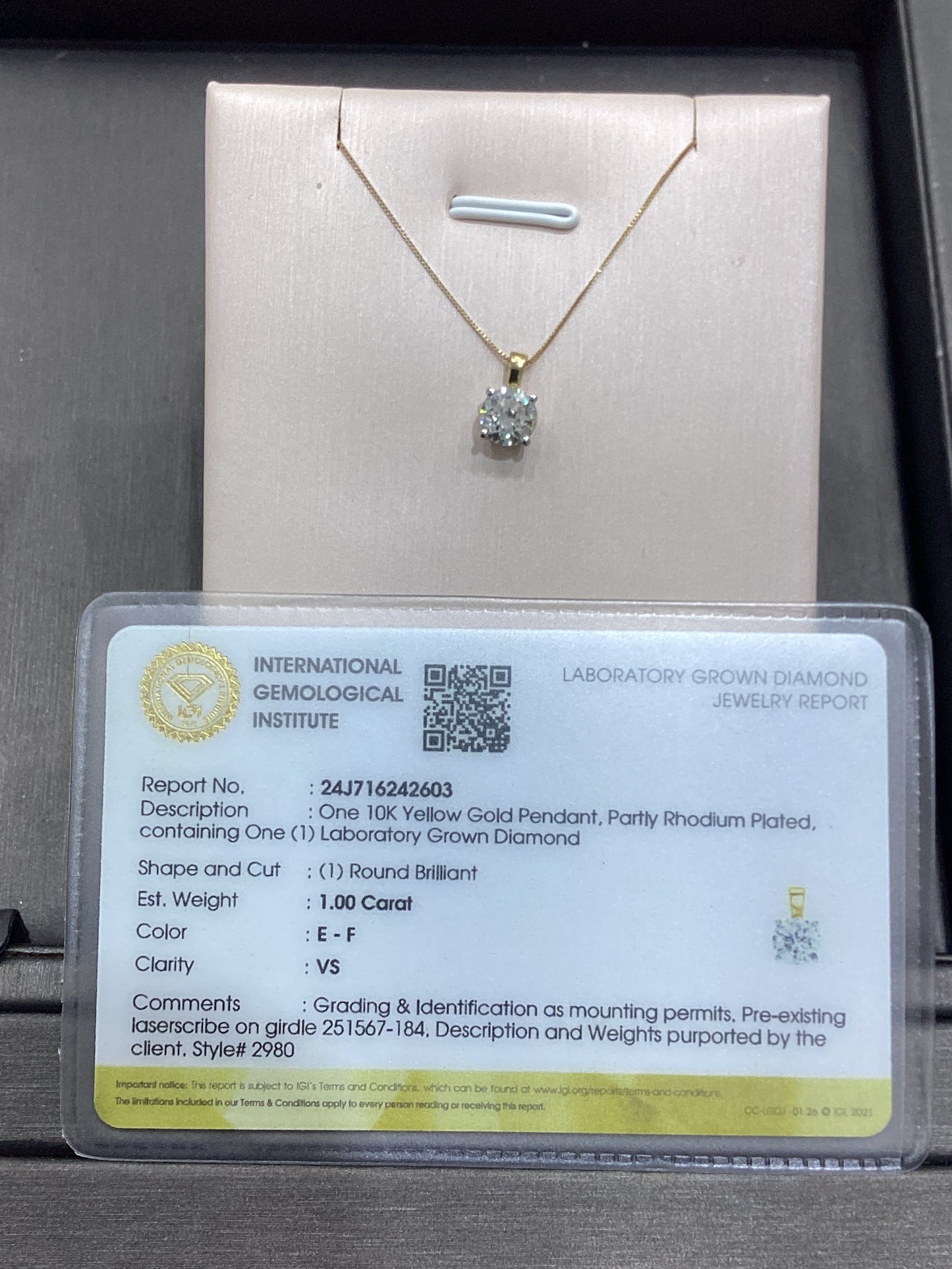 10kt Yellow Gold 1 CTW Round Lab Diamond Pendant