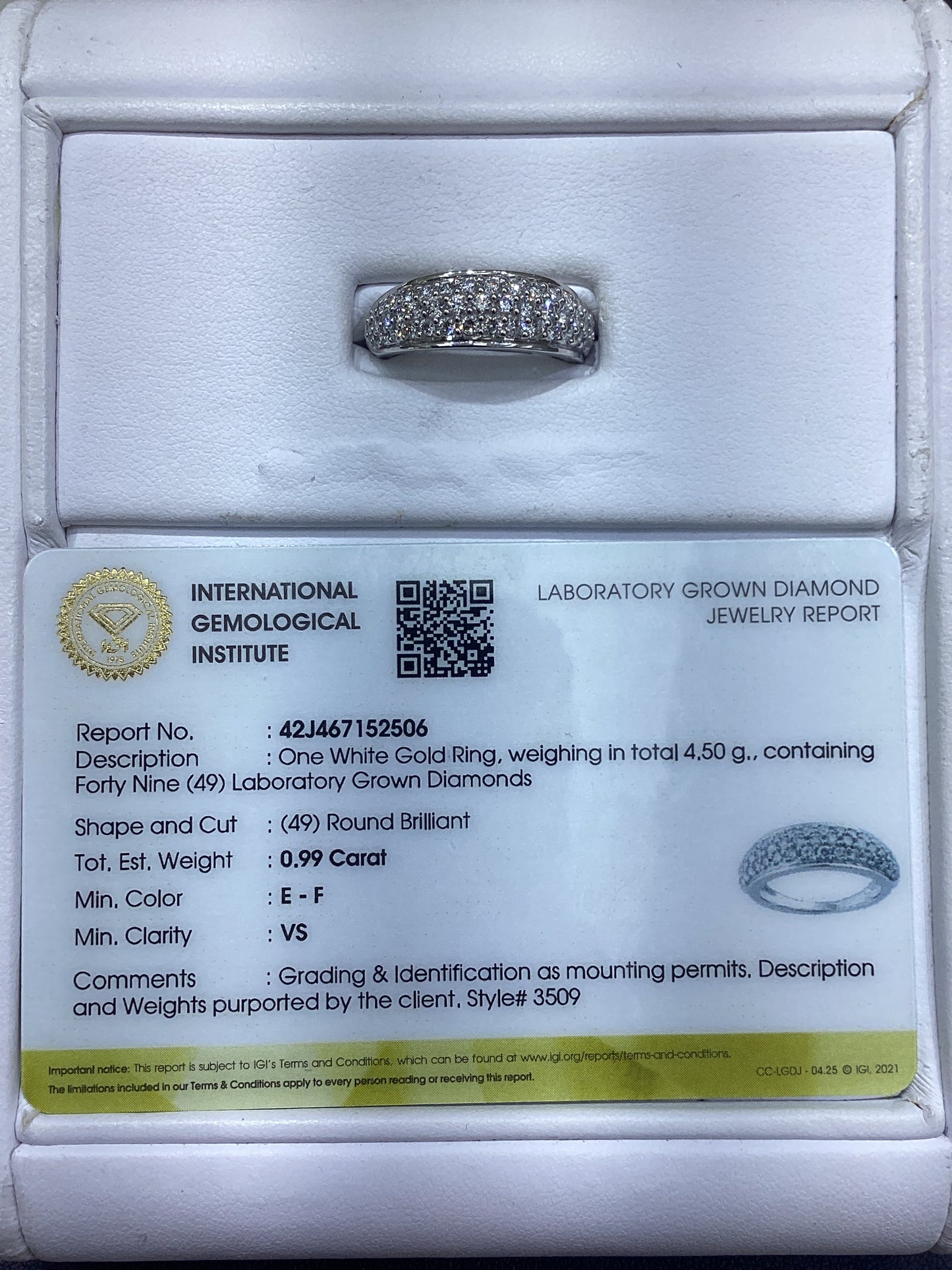 14kt White Gold 0.99 CTW  Lab Diamond Ring