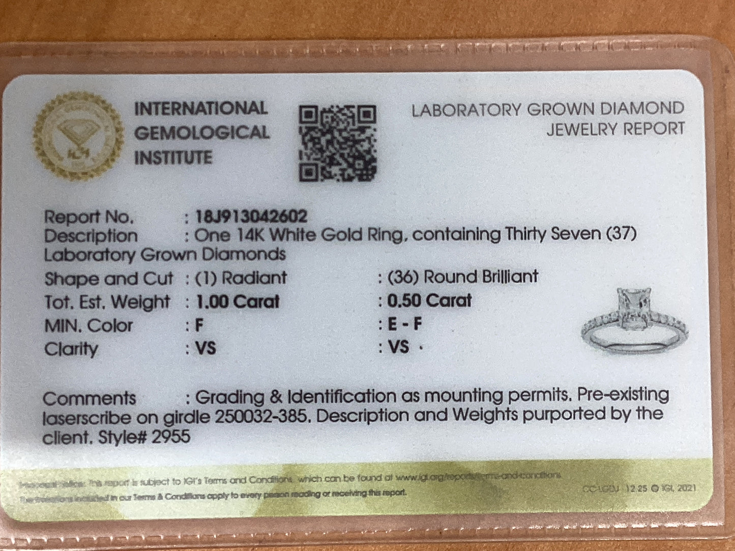 14kt White Gold 1.50 CTW Radiant Lab Diamond Ring