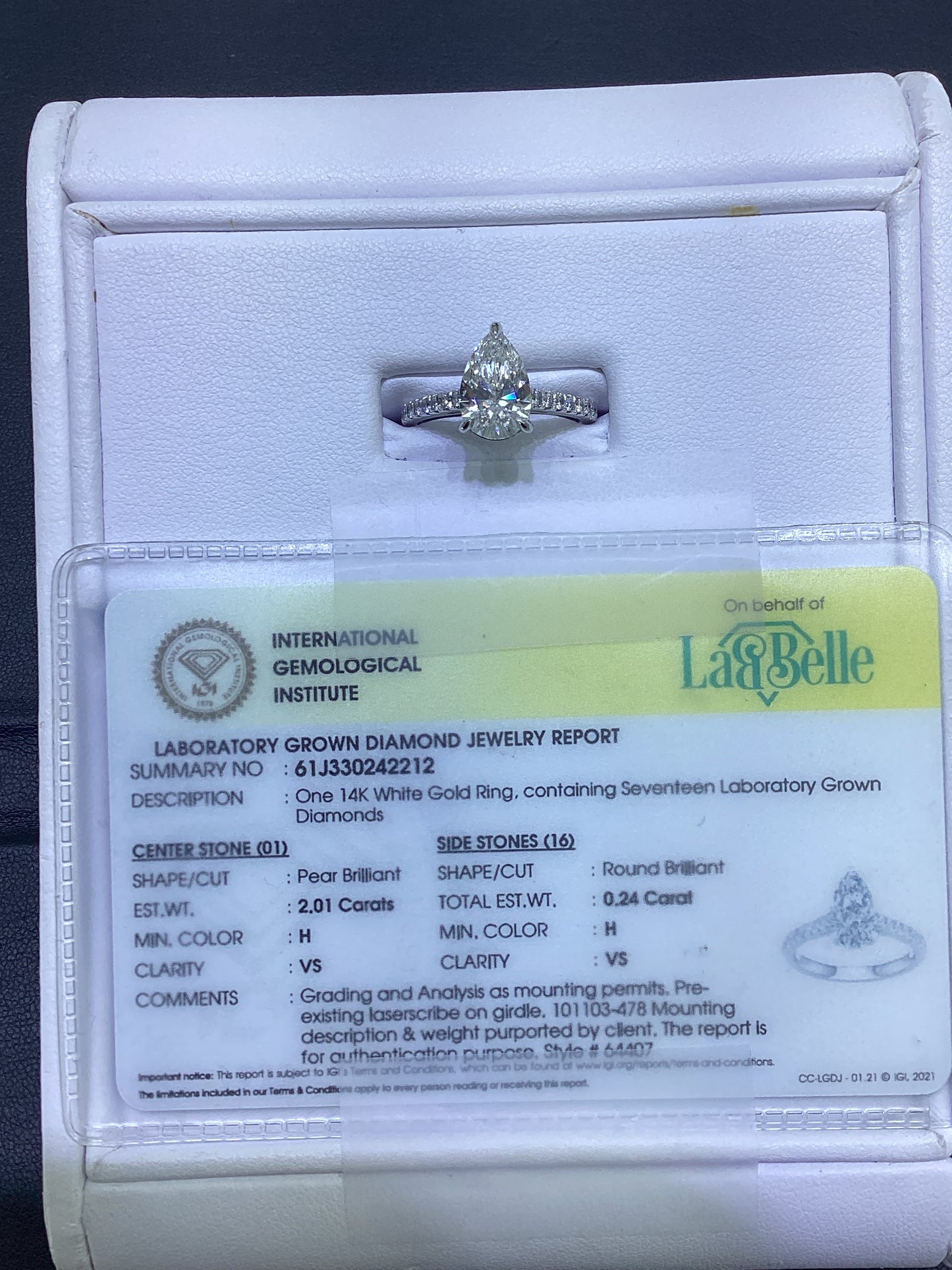 14kt White Gold 2.25 CTW Teardrop Lab Diamond Ring