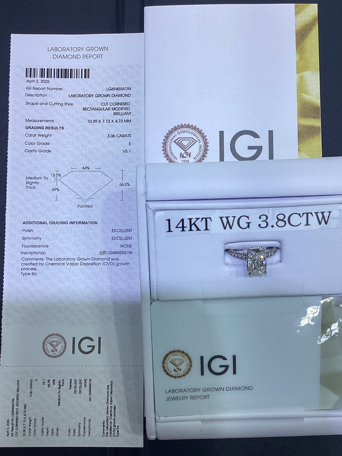 14kt White Gold 3.80 CTW Radiant Lab Diamond Ring