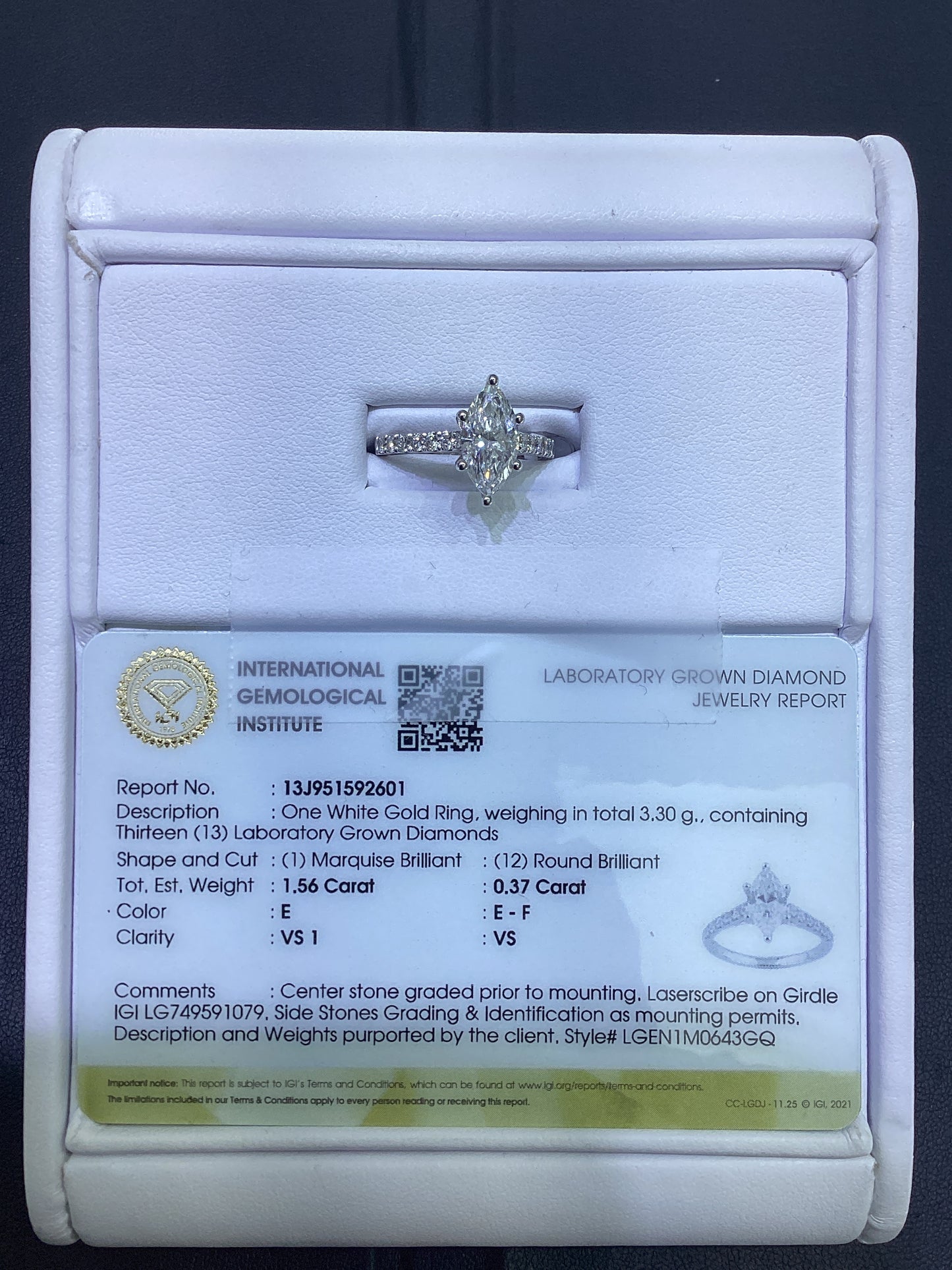 14kt White Gold 1.94 CTW Marquise Lab Diamond Ring