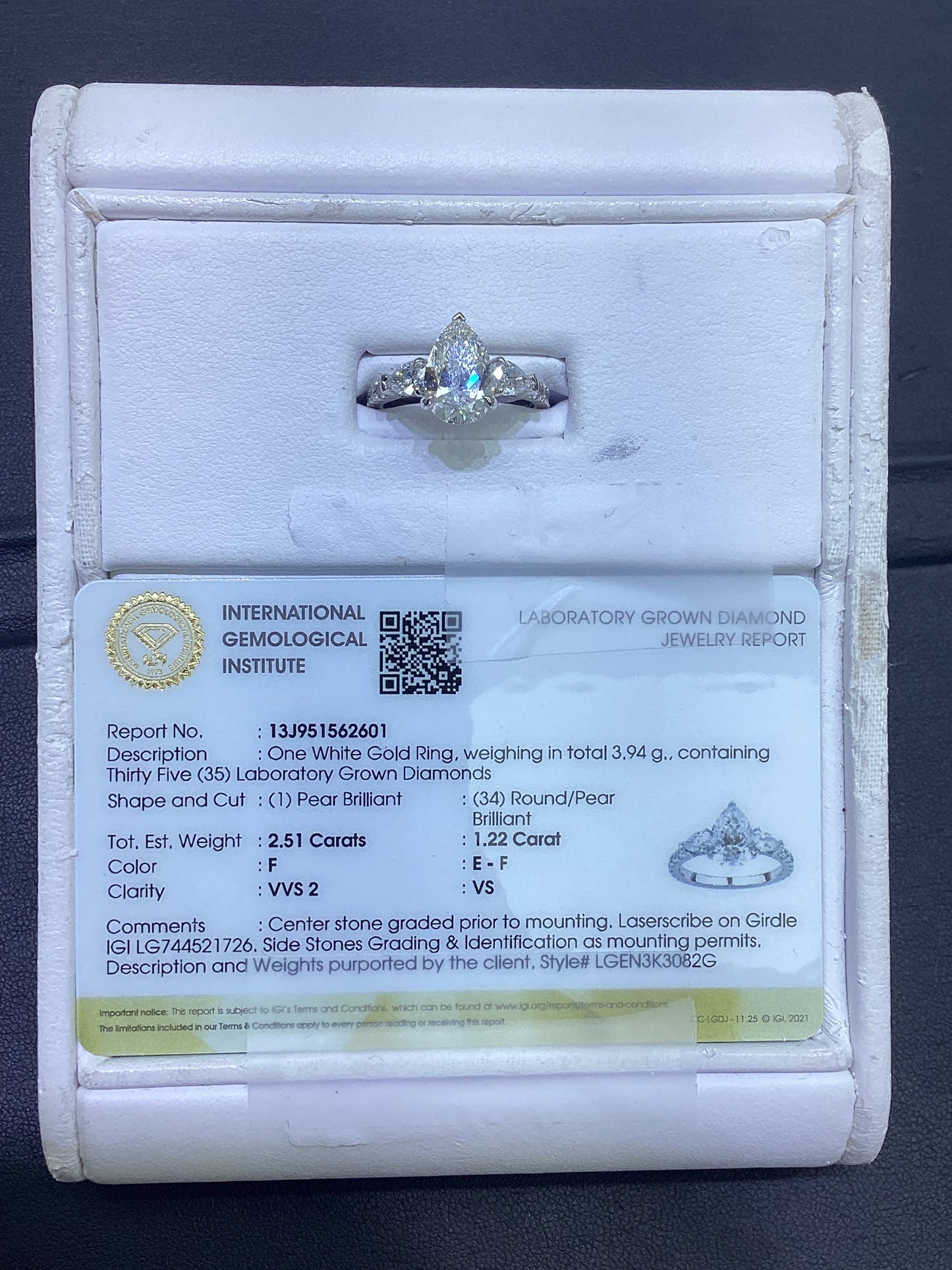 14kt White Gold 3.73 CTW Tear Drop Lab Diamond Ring