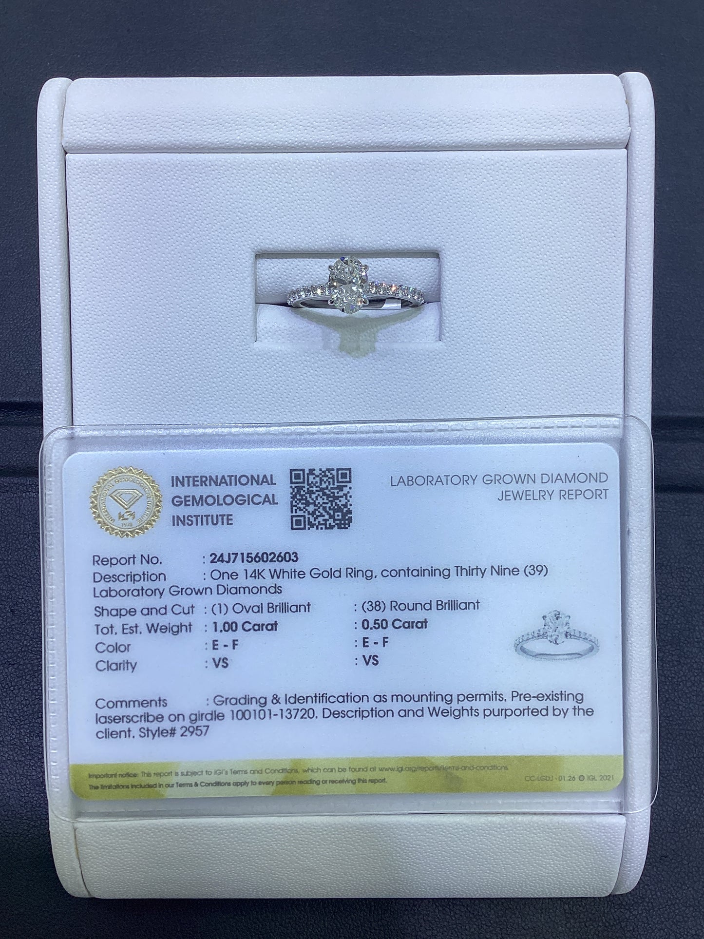 14kt White Gold 1.50 CTW Oval Lab Diamond  Ring