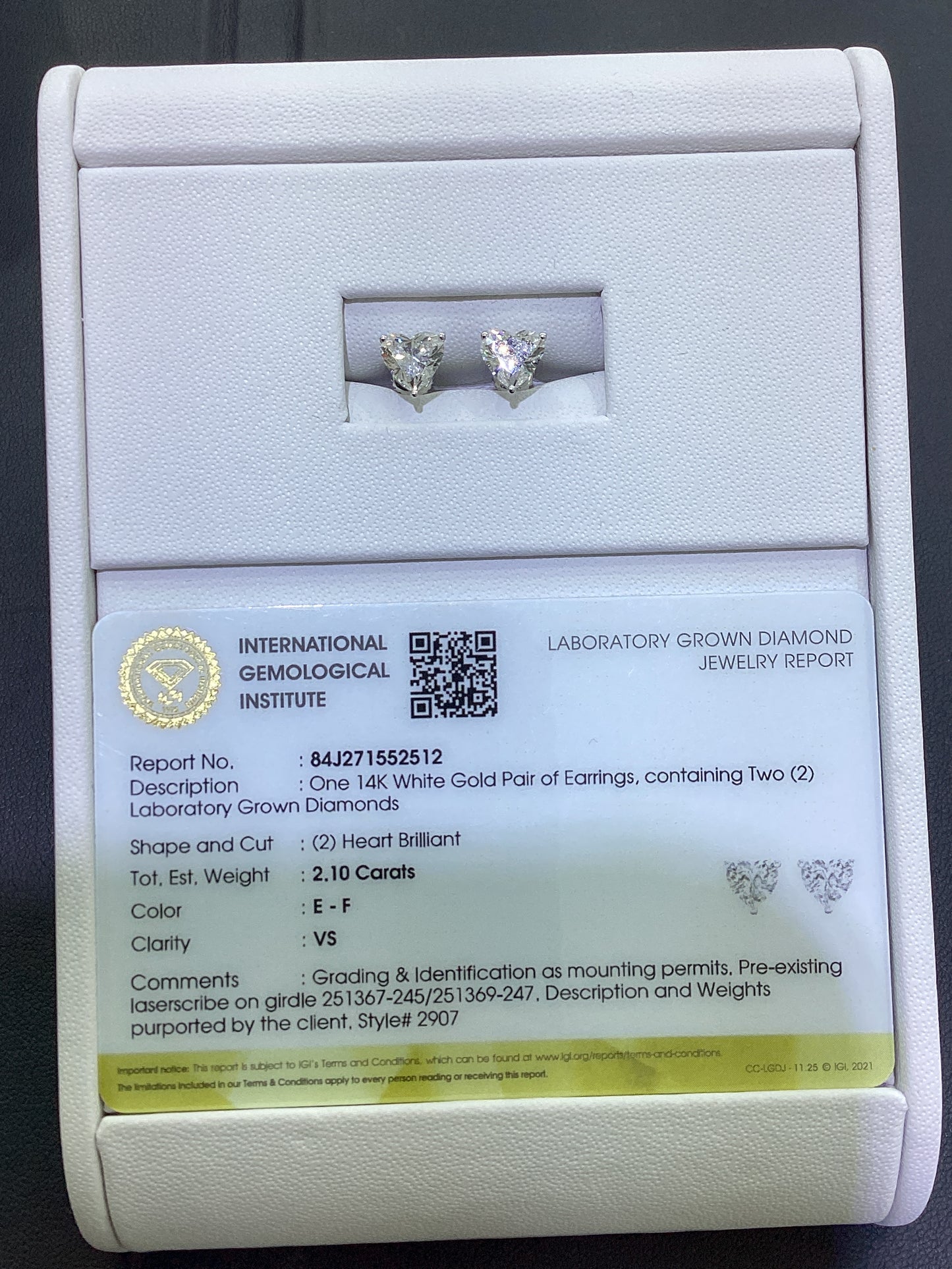 14kt White Gold 2.10 Heart Lab Diamond Earring