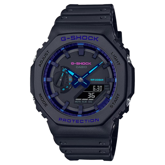Men's Casio G-Shock Classic Virtual Blue Series Black Resin Strap Watch with Black Dial (Model: GA2100VB-1A)