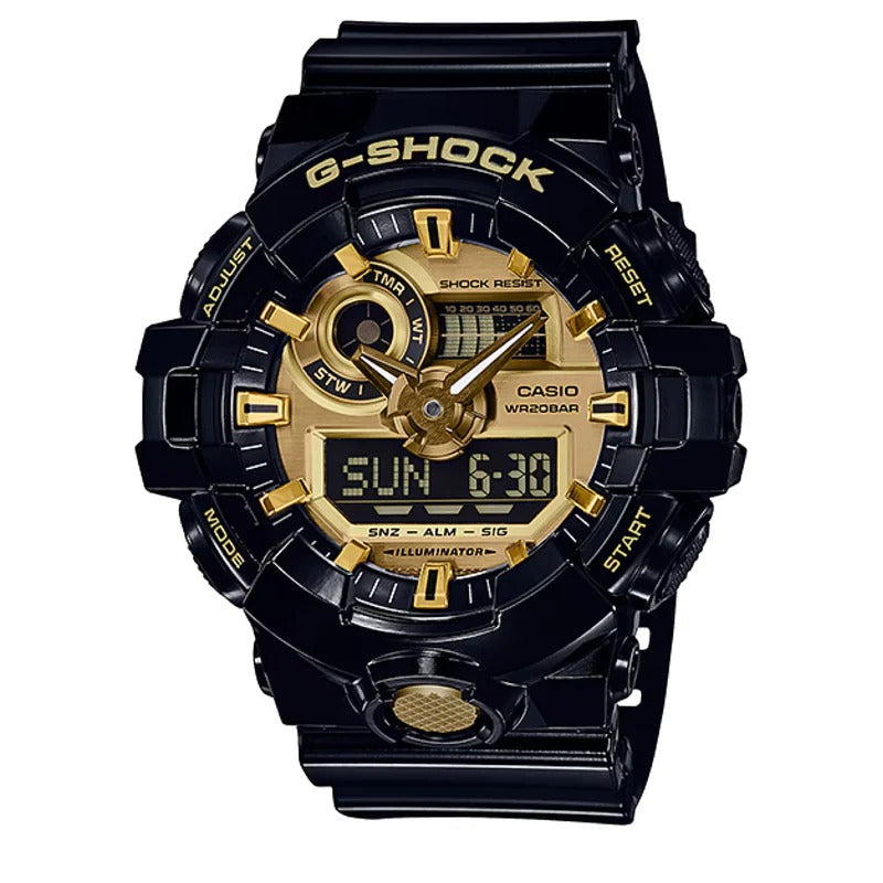 Men's Casio G-Shock Classic Black Resin Strap Watch with Gold-Tone Dial (Model: GA710GB-1A)