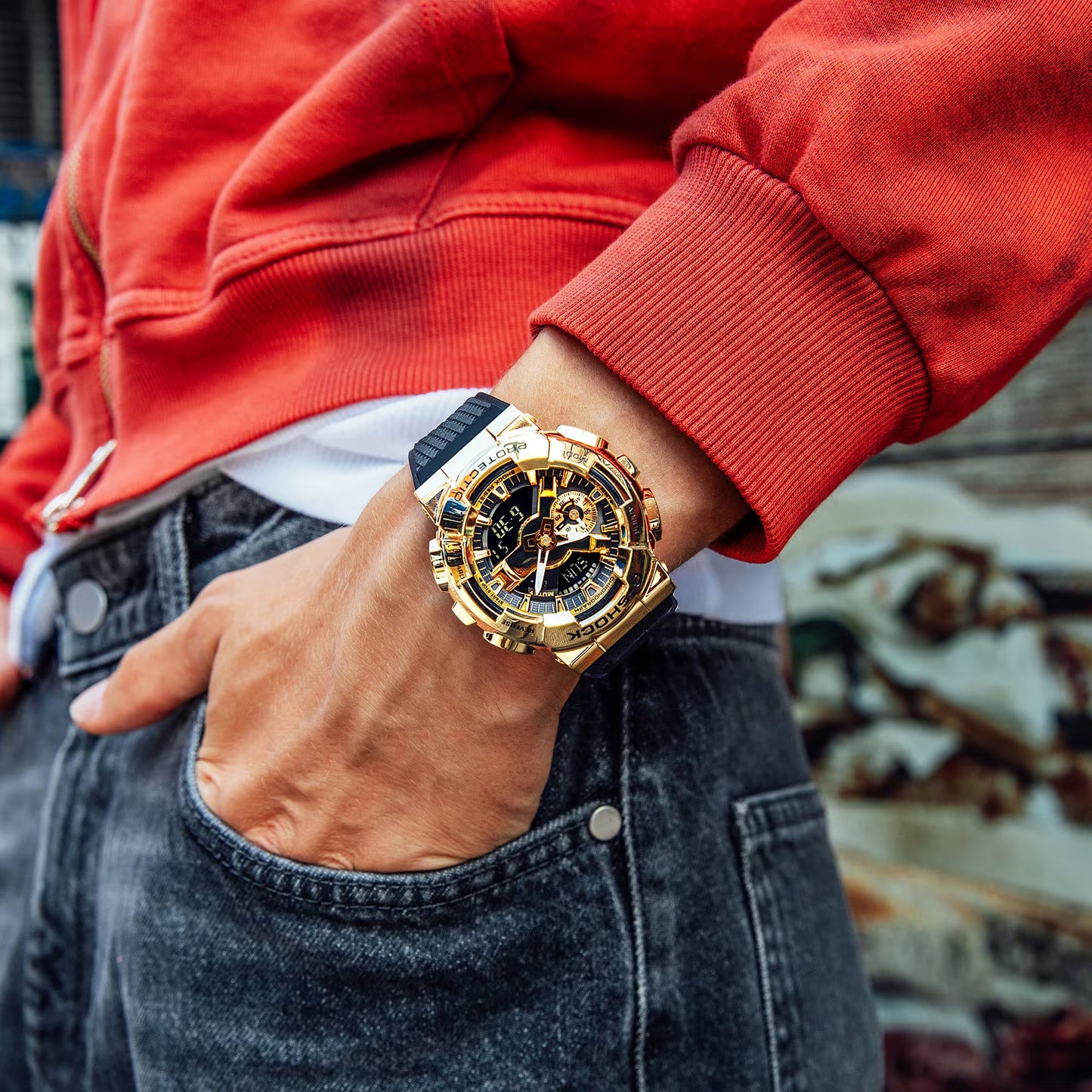 Men's Casio G-Shock Classic Gold-Tone Black Resin Strap Watch with Black and Gold-Tone Dial (Model: GM110G-1A9)