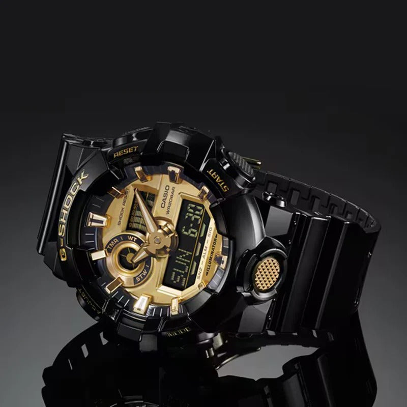 Men's Casio G-Shock Classic Black Resin Strap Watch with Gold-Tone Dial (Model: GA710GB-1A)