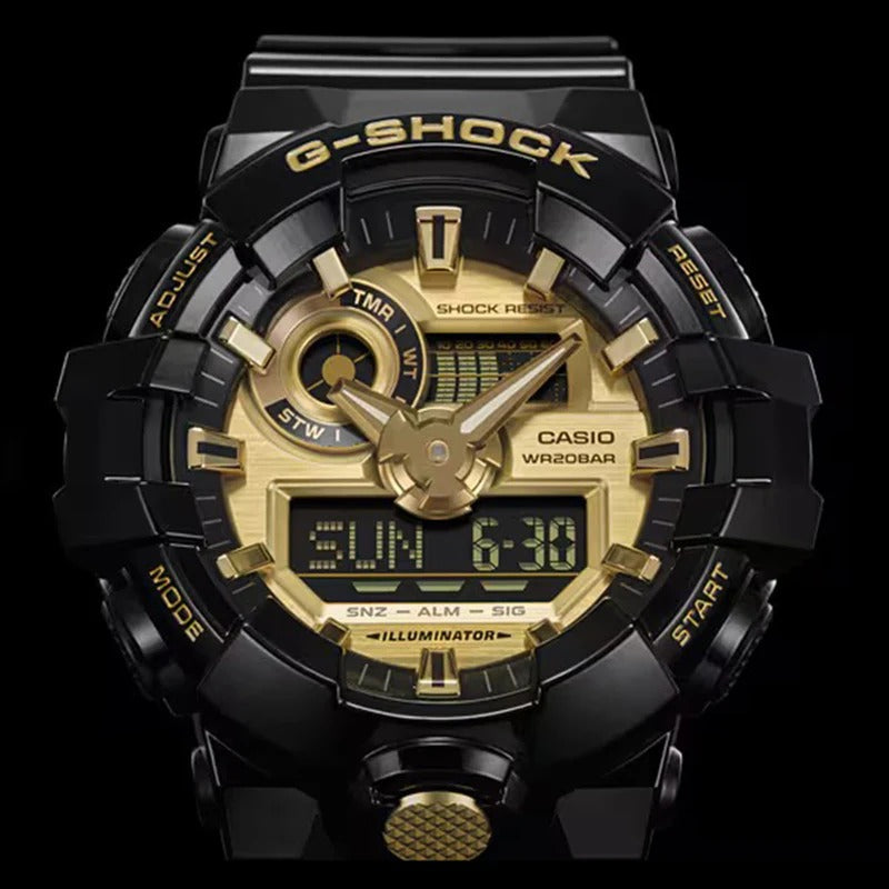 Men's Casio G-Shock Classic Black Resin Strap Watch with Gold-Tone Dial (Model: GA710GB-1A)