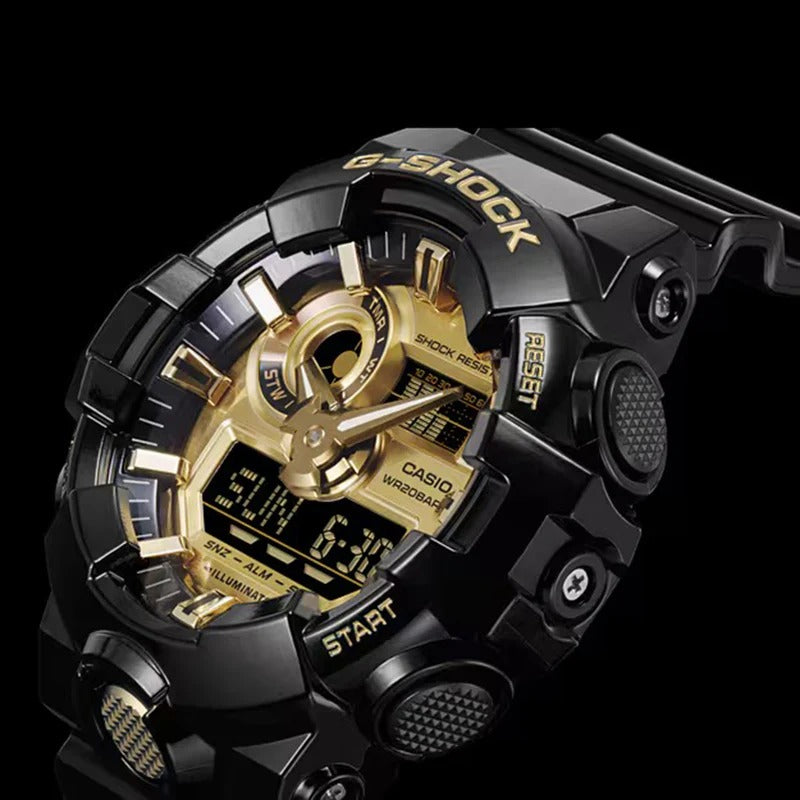 Men's Casio G-Shock Classic Black Resin Strap Watch with Gold-Tone Dial (Model: GA710GB-1A)