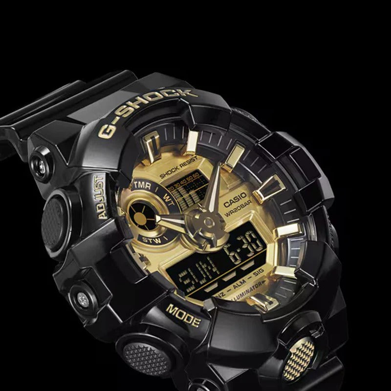 Men's Casio G-Shock Classic Black Resin Strap Watch with Gold-Tone Dial (Model: GA710GB-1A)